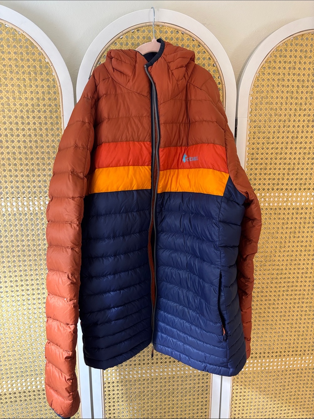 cotopaxi Rust Orange, Red, Yellow & Navy Colorblock Puffer Jacket. Medium LONG.